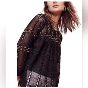 Maeve by Anthropologie Auralis Black Studded Grunge Lace Blouse Size Med…